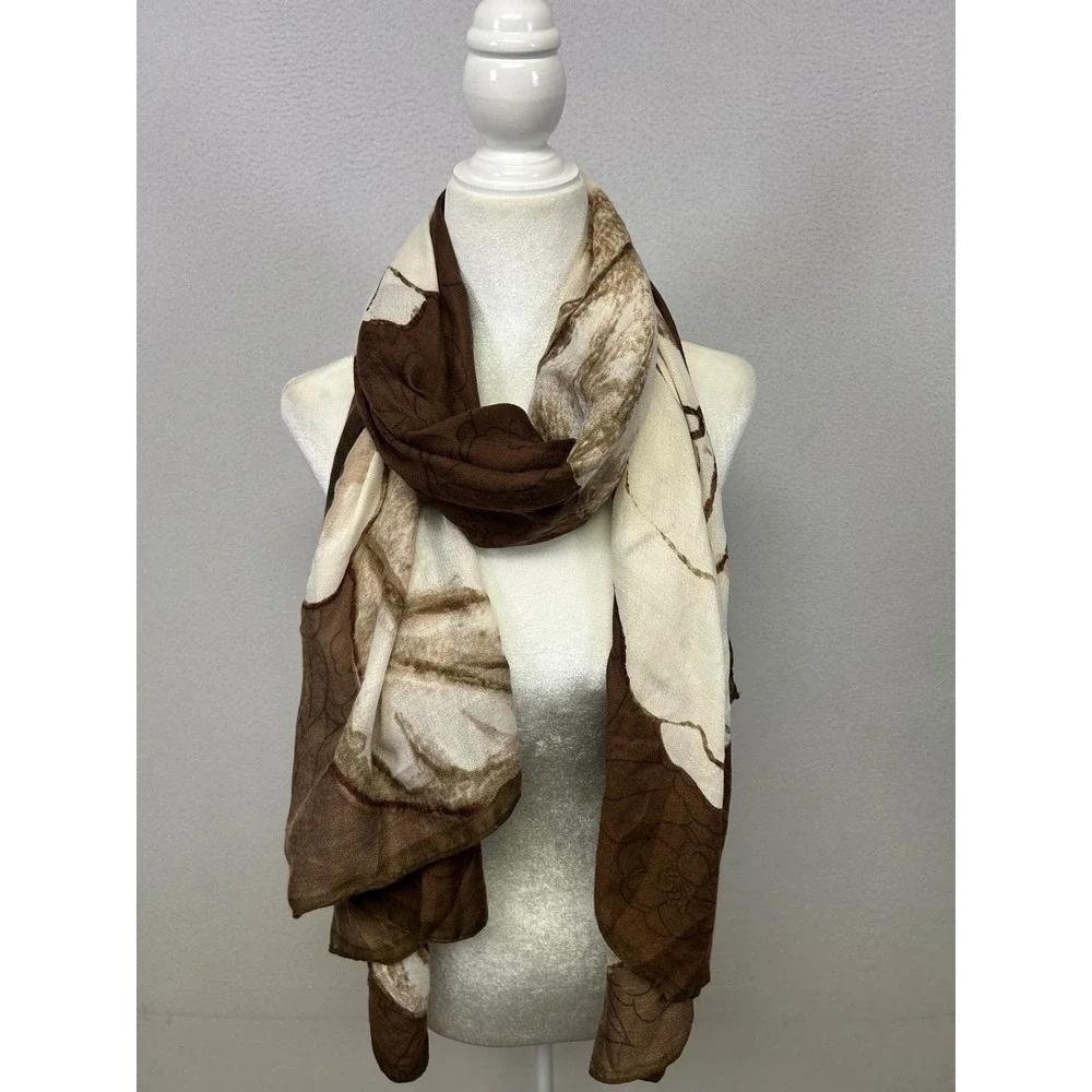 Boho Earthy Womens OS Brown Cream Floral Leaf Viscose Scarf Shawl